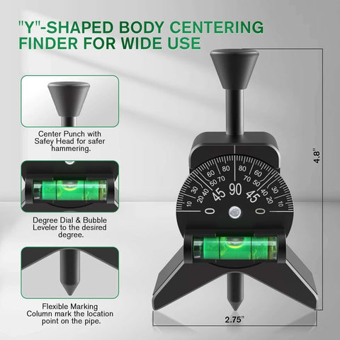 Anblak pipe center finder with magnetic centering head, black Y-shaped body and bubble level.