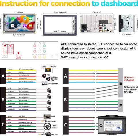 Connection instructions for Dope 7 Inch Wireless Double Din Car Stereo With Apple CarPlay And Android Auto, showing wiring diagram