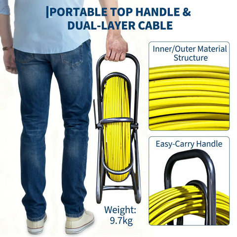Fiberglass Fish Tape Pro Duct Rodder With Heavy Duty Cable Puller and Steel Stand, shown with portable handle, 9.7kg weight.
