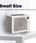 Small-sized 15W Practice Guitar Amp With 9 Digital Amp Models, 6.5 Inch Speaker on a table, showing dimensions