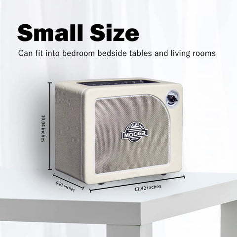 Small-sized 15W Practice Guitar Amp With 9 Digital Amp Models, 6.5 Inch Speaker on a table, showing dimensions