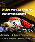 Assorted auto parts featuring OE quality filters, gaskets, and a vibrant red shock absorber for performance and comfortable driving.
