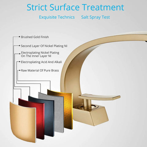 Dope Brushed Gold Bathroom Sink Faucet With Sleek Single Handle And Single Hole Install with labeled layers of finish