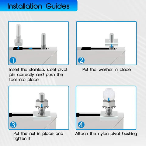 Installation guide for Upgraded Shower Door Pivot Pin Replacement Kit For Framed Glass Swing Doors, showing stainless steel pivot pin placement.