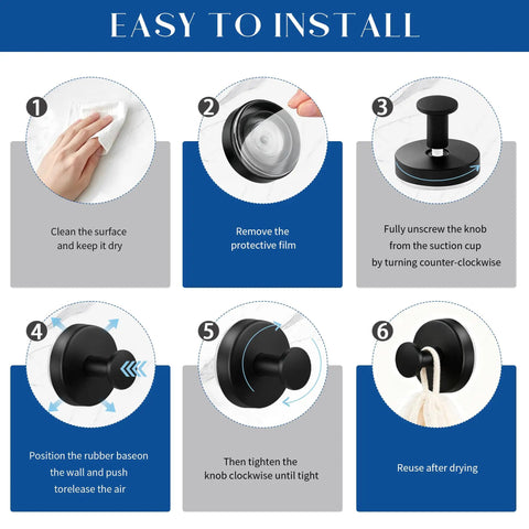 Total Game Changer For Your Washroom Matte Black 6 Pack Suction Hooks installation steps for easy setup on smooth tile surfaces.