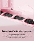 Modern Gaming Pc Case Featuring Panoramic Glass And Sleek Dual Chambers Built For Stress Free Atx Builds Fueled By Lightning Airflow Through Tidy Wire Runs Includes A Flossy PCIe 4.0 Riser Cable In Strawberry Pink showing extensive cable management features.