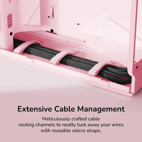 Modern Gaming Pc Case Featuring Panoramic Glass And Sleek Dual Chambers Built For Stress Free Atx Builds Fueled By Lightning Airflow Through Tidy Wire Runs Includes A Flossy PCIe 4.0 Riser Cable In Strawberry Pink showing extensive cable management features.