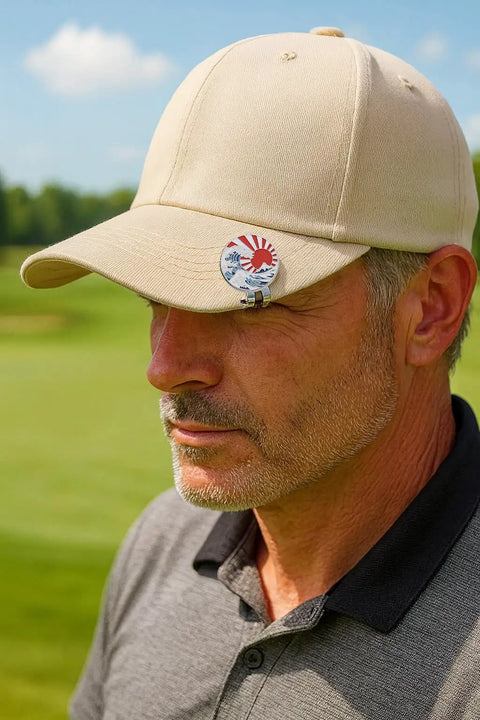 Man wearing a tan hat with Ukiyoe Wave Golf Ball Marker with Magnetic Hat Clip made from zinc alloy, Great Wave design visible.