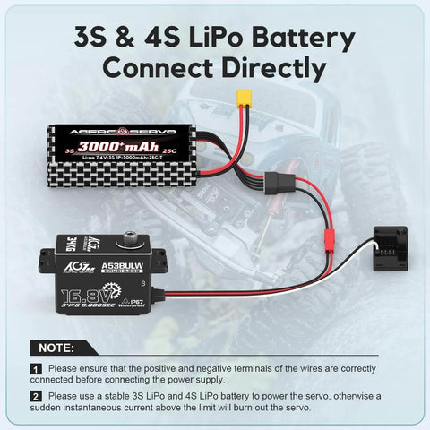 Beefy 34Kgcm High Torque RC Steering Servo waterproof with direct 16.8V LiPo battery connection for 1 to 10 scale RC cars.