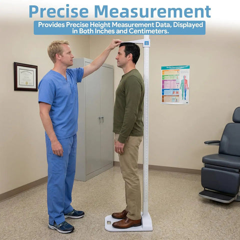 Portable Stadiometer Height Measuring Rod, Freestanding 8-82 Inch, Dual-Scale Precision With Mirrored Inch And CM Markings, Clinical-Grade Height Readings For Home, Clinic, And School Use, doctor measuring man height in clinic