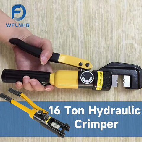 Hand holding 16 Ton Hydraulic Wire Lug Terminal Crimping Tool With 11 Dies YQK 300, rotatable head, yellow and black design