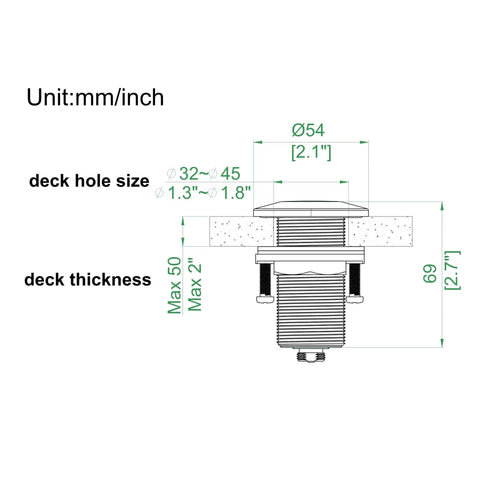 Diagram of All Brass Air Switch Button For Sink Top Garbage Disposal Round Brushed Nickel with dimensions in mm/inch.