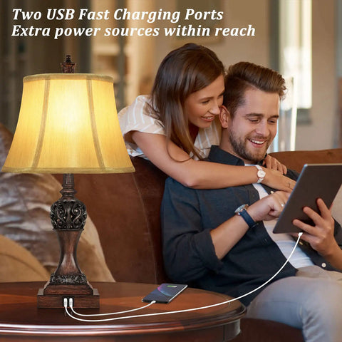 Set Of 2 Touch Control 3-Way Dimmable Bedside Lamps with USB ports in living room with couple using gadgets
