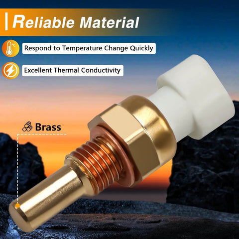 Coolant temperature sensor with brass threaded body and white plastic connector, close-up view.