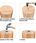Installation steps of M6 4 Pronged T Nuts Set Of 20 Pieces For Woodworking Furniture And Cabinets on a wooden leg