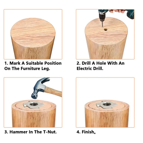 Installation steps of M6 4 Pronged T Nuts Set Of 20 Pieces For Woodworking Furniture And Cabinets on a wooden leg