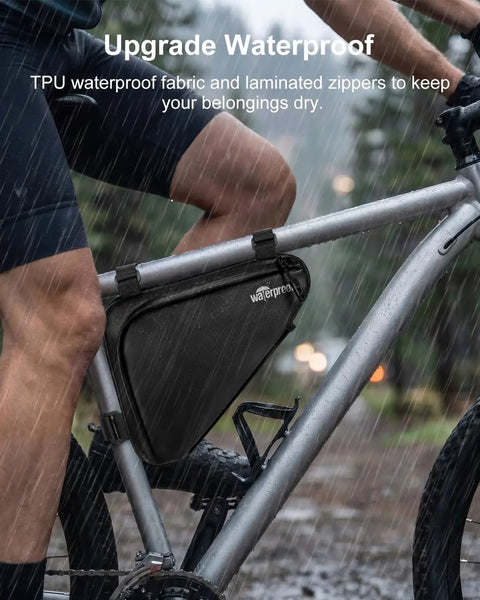 Waterproof triangle bag attached to mountain bike, part of the Bike Tire Repair Kit For Flat Tires With Portable Pump 120 PSI.