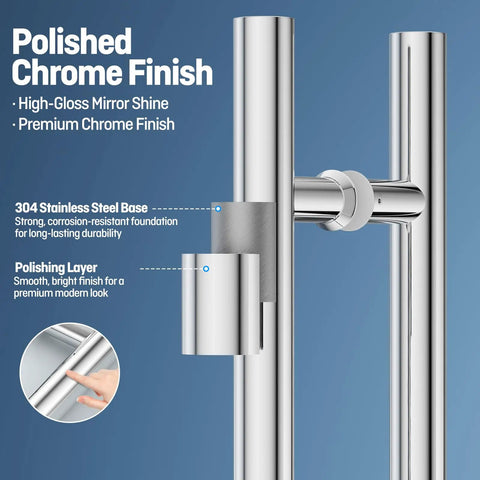 60 Inch Push Pull Door Handle Made From 304 Stainless Steel With Polished Chrome Finish, Heavy Duty Back To Back Door Pull For Glass Or Wood Doors, 1.5 Inch Diameter Tube, Easy Install, polished chrome detail