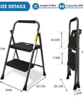Two Step Folding Ladder With Wide Anti Slip Pedals And Comfort Handle Lightweight Steel Heavy Duty 500 Pound Capacity Portable Multi Use Stool For Home Kitchen Office Garage Easy Open And Fold shown with size and capacity details.