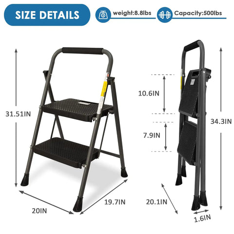 Two Step Folding Ladder With Wide Anti Slip Pedals And Comfort Handle Lightweight Steel Heavy Duty 500 Pound Capacity Portable Multi Use Stool For Home Kitchen Office Garage Easy Open And Fold shown with size and capacity details.