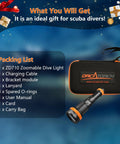 Two In One Zoomable Dive Light For Scuba And Night Dives with accessories, carry bag, and packing list displayed.