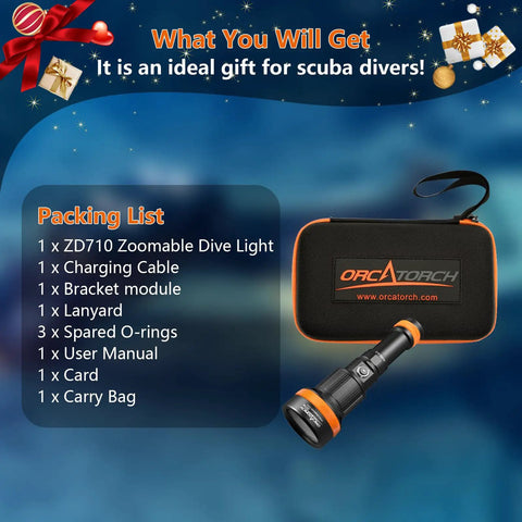 Two In One Zoomable Dive Light For Scuba And Night Dives with accessories, carry bag, and packing list displayed.