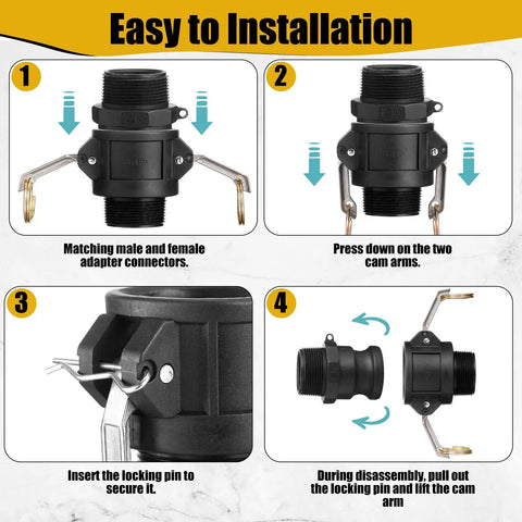 Step-by-step guide for Six Piece Cam Lock Fittings Kit For Fast Grab-And-Go Connections On Hoses And Pipes with black couplings.