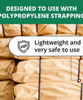 Top Shelf Semi-Automatic Table Top Strapping Machine Kit With 1/2 Inch By 9900 Feet White PP Polypropylene Strapping Roll on packaged items.