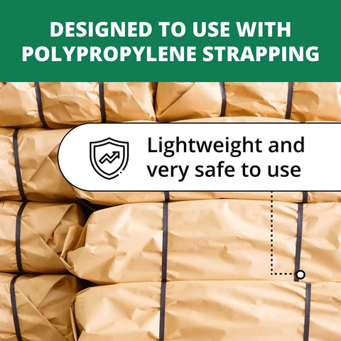 Top Shelf Semi-Automatic Table Top Strapping Machine Kit With 1/2 Inch By 9900 Feet White PP Polypropylene Strapping Roll on packaged items.