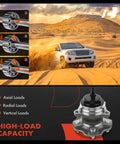 Diagram showing axial, radial, and vertical loads on hub assembly with SUV driving in desert background, high-load capacity featured.
