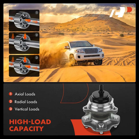 Diagram showing axial, radial, and vertical loads on hub assembly with SUV driving in desert background, high-load capacity featured.