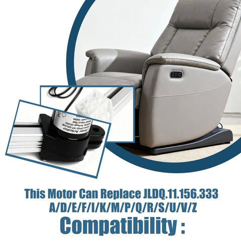 Replacement Heavy Duty Electric Recliner Lift Chair Linear Actuator Model R8123 R812301156333 shown with compatibility chart.