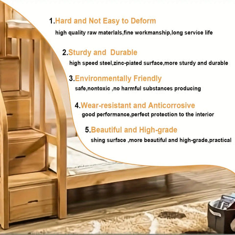 Wooden bunk bed with stairs, highlighting durability, sturdy design, and eco-friendly features in a bedroom setting.