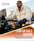 Man wearing Winter Waterproof Thermal Gloves For Men And Women, Windproof Ski Snow Gloves With Touchscreen Fingers while driving a motorcycle.