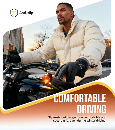 Man wearing Winter Waterproof Thermal Gloves For Men And Women, Windproof Ski Snow Gloves With Touchscreen Fingers while driving a motorcycle.