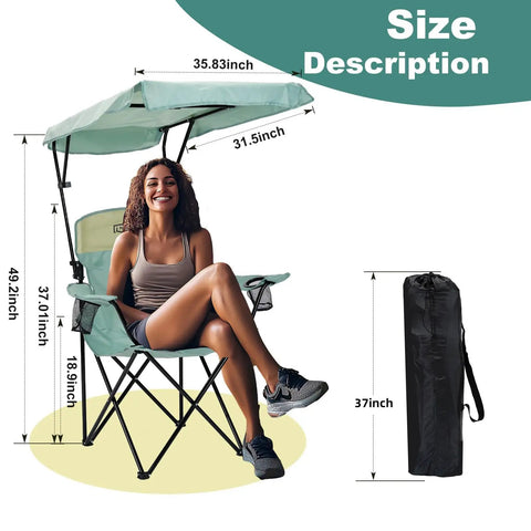 Woman sitting on portable camping chair with adjustable sunshade canopy, oversized lightweight beach chair, side pocket, UPF 50, blue.