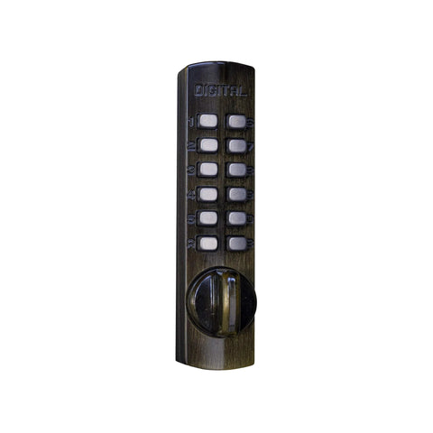 C150AB surface-mount hook bolt; bronze finish with digital keypad and circular knob.