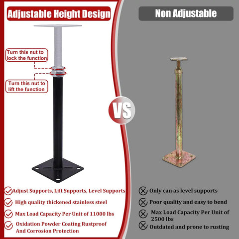 Adjustable design of Heavy Duty House Floor Jacks Solid As A Rock showing height adjustment features for crawl space use.