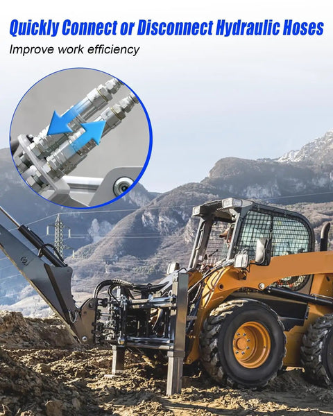 Skid steer with 90 Degree Elbow Hydraulic Quick Connect Coupler Fittings 1/2 Inch Body Size To 3/8 Inch JIC Male Flat Face Skid Steer Couplings Set With Dust Cap Heavy Duty Hydraulic Quick Disconnect For Construction Forestry And Industrial Equipment in use