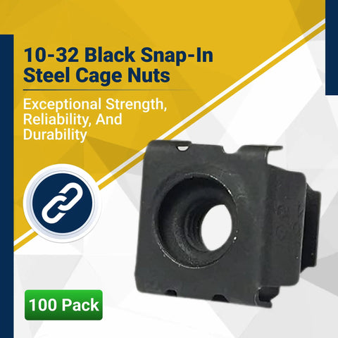 Top Shelf Heavy Duty Black 10-32 Cage Nuts Bulk Pack For Server Rack And Telecom Equipment Snap In Mounting Hardware No Sweat Rack Setup Gear 100 Count showing a close-up view of a black snap-in cage nut.