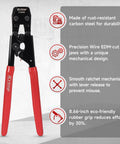 DIY Ready PEX Pipe Clamp Cinching Tool Kit For Stainless Steel Clamps From 3 Eighths Inch To 1 Inch With Half Inch And Three Quarters Inch Sets Easy Cinch Crimper For Fast Leak Free Connections showing crimper with red handles on white background.