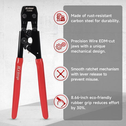DIY Ready PEX Pipe Clamp Cinching Tool Kit For Stainless Steel Clamps From 3 Eighths Inch To 1 Inch With Half Inch And Three Quarters Inch Sets Easy Cinch Crimper For Fast Leak Free Connections showing crimper with red handles on white background.