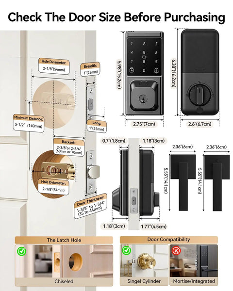 Slick Fingerprint Smart Lock With Smooth Keyless Entry, AI Self Learning Handle Set, App Pin Code And Key Fob Access dimensions and installation guide