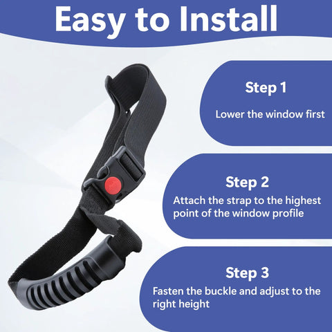 Rock Solid Adjustable Car Grab Handle Strap For Dead Easy Vehicle Entry And Exit installation steps on durable nylon material.