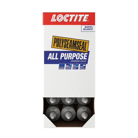 Box of All Purpose Adhesive Caulk Squeeze Tube White Sealant For DIY Projects Indoors And Outdoors, top view of tubes.
