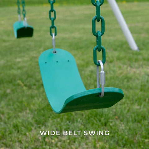Wide belt swing on Big Brutus Galvanized Steel Swing Set Kit with Classic A Frame Two Belt Swings Trapeze Bar Easy Assembly