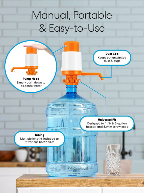 Universal Manual Water Pump for 2 to 6 Gallon Bottles on water jug showing pump head and features
