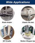 Reciprocating linear actuator, 24V DC, shown in four uses: shale shaker, elastic life test, DIY cradle, button test