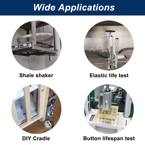 Reciprocating linear actuator, 24V DC, shown in four uses: shale shaker, elastic life test, DIY cradle, button test