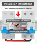 Manual Locking Breaker Device for DIN Rail Mounts, Slide Lock for Circuit Breakers shown with installation instructions.